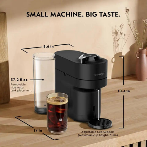 Front view of Vertuo Pop Plus Deluxe Coffee and Espresso Maker by DeLonghi in Black Matte with Dark Chrome, showing side water tank and coffee cup.
