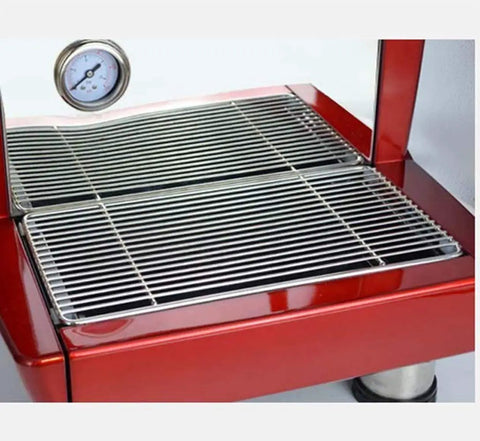 Close-up of Italian Double Head Espresso Machine For Home And Pro Use, red base, stainless steel drip tray, and pressure gauge.