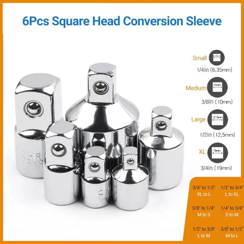 Front view of six chrome-plated steel square-head socket adapters for impact drivers, varied drive sizes.