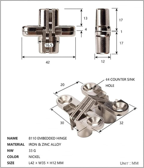 Invisible 180 Degree Alloy Hinge For Doors And Cabinets Concealed Folding Door Cross Hinge Hidden Gate And Furniture Hardware Durable 10kg Load Capacity Ideal For Hotels Clubs And Home DIY Projects, shown with dimensions and specifications.