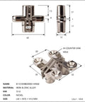 Hidden 180 Degree Invisible Hinge Set For Doors And Cabinets, Alloy Construction, detailed dimension view.
