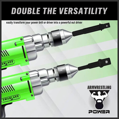 9-Piece Impact Socket Adapter Set For Impact Drivers attached to green power drill, showcasing double versatility.