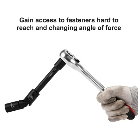 1/2 Inch Drive Shallow Impact Socket Set, Metric 10mm To 32mm, CR-V Steel, with extension bar and universal joint in use