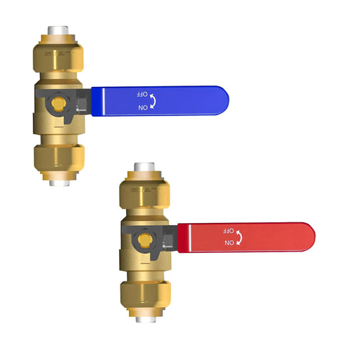 Two Pack One Half Inch Push Fit Full Port Brass Ball Valves For Hot And Cold Water With Disconnect Clip Water Stop Shut Off Red And Blue Handles No Fuss Quick Install