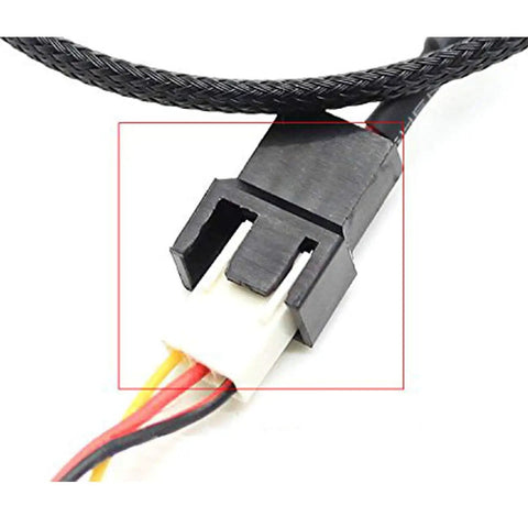 Close-up of SATA To 3 Pin Or 4 Pin PWM PC Case Fan Power Adapter Cable With 15 Pin SATA Connector, black sleeved