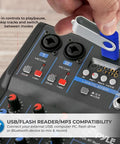 Close-up of 4 Channel Digital USB Bluetooth Pro Audio Mixer with MP3 Playback highlighting USB/flash drive input.