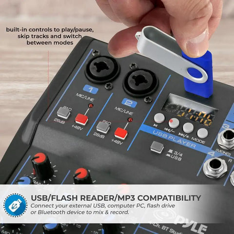 Close-up of 4 Channel Digital USB Bluetooth Pro Audio Mixer with MP3 Playback highlighting USB/flash drive input.