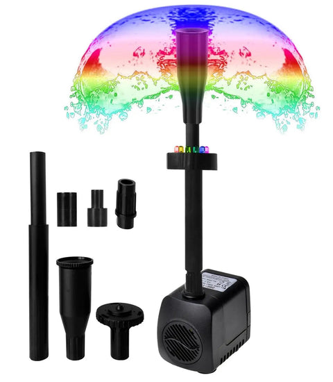 LED Fountain Pump Kit With Mushroom And Blossom Spray Heads For Backyard Ponds, 6 Foot Cord, 12 Color Ring, 3 Patterns