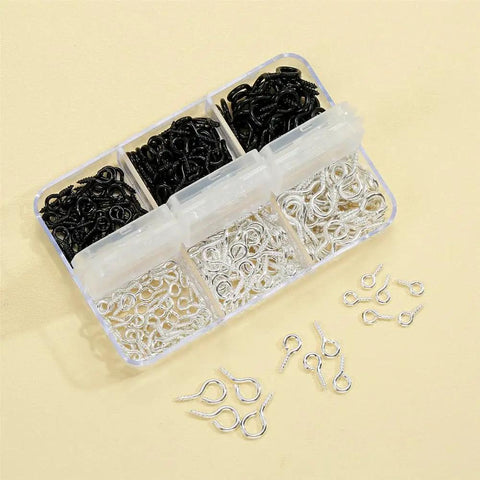 Must Have 300Pcs Small Screw Eye Pins For Jewelry Making And DIY Crafts in silver and black, three sizes in plastic case.