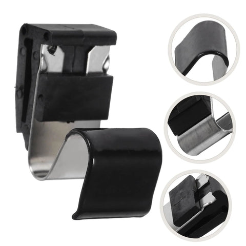 Gas tank door cover spring clip replacement, black plastic housing with metal clip; automotive part.