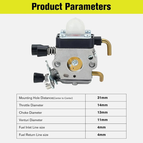 Carburetor Replacement Kit For FS45 FS38 FS55R FS55 FS46 HL45 FS45C FS46C FS55C FS55RC KM55 KM55R with measurements chart