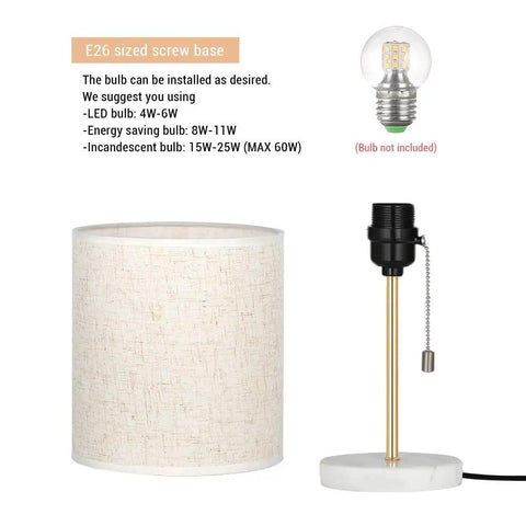 Gold Marble Base Bedside Table Lamp For Bedroom And Office disassembled view with fabric shade and bulb socket details