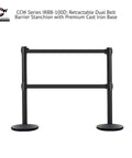 Front view of Set Of 2 Dual Retractable Belt Barrier Stanchions With Cast Iron Bases And Black Posts, 7.5 Foot Belts, ADA Compliant