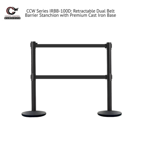Front view of Set Of 2 Dual Retractable Belt Barrier Stanchions With Cast Iron Bases And Black Posts, 7.5 Foot Belts, ADA Compliant