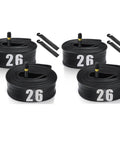 Heavy Duty 4 Pack Bike Inner Tubes 26x1.75 1.95 2.125 Puncture Resistant Butyl Rubber With 32mm Schrader Valve For BMX MTB Road And Commuter Bikes Black, showing rolled tubes with tire levers
