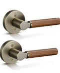 Walnut Wood Decorative Door Lever Two Pack With Antique Brass Finish Zinc Alloy Base Non Locking Dummy Handle For Interior Doors Warm Touch And Premium Cozy Vibe, two walnut wood levers with brass base