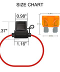 5 Pack Inline Fuse Holders With 16 AWG Waterproof Design And 5A ATC ATO Blade Fuses, showing size measurements