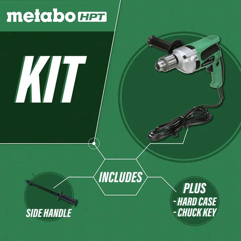 Kit with One-Half Inch Corded Drill With Nine Amp Motor Built To Last Variable Speed Trigger 0 To 850 RPM and accessories