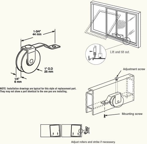 Diagram showing installation of 4 Pack Sliding Screen Door Rollers Replacement Kit With Steel Tension Spring Wheels Fits B638 B687 B639 B756 Doors 1 Inch Diameter Rollers Replace On Both Top And Bottom For Smooth Quiet Operation.