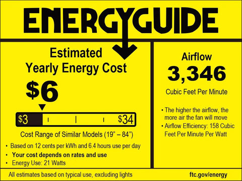 Energy guide label showing estimated yearly energy cost of $6 and airflow of 3,346 CFM for Farmhouse Ceiling Fan With Light And Remote.
