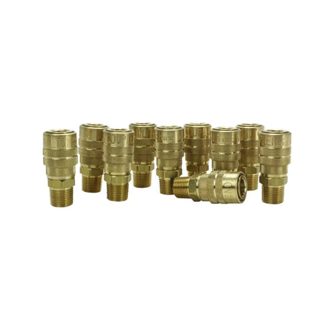 Box of 10 brass 3/8 Inch MNPT M Style Quick Change Coupler For Air Tools, Handles Up To 300 PSI, Delivers About 40 SCFM