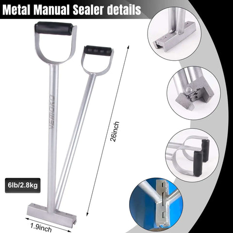 Pro Grade Hand Seamer Tool for Sheet Metal, showing 26-inch standing seam pliers, non-slip handle, and leakproof clamp details.