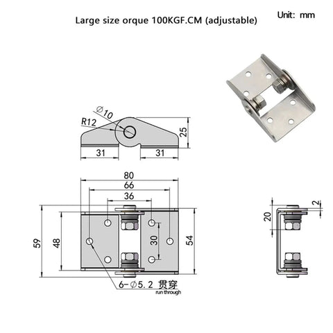 High-torque damping hinge, 304 stainless steel, adjustable 10 N m, free-stop; front view with dimensions