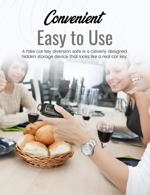Person holding Two Pack Ultra Realistic Car Key Safe Diversion Key Fobs With Hidden Secret Compartments at a dining table