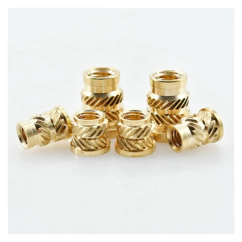 Knurled Threaded Inserts For Plastic M2 To M8 Brass Heat Melt Flange Nut Embedded Nutsert With Copper Core displayed on white background