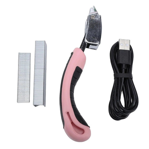 Badass Cordless Electric Staple Gun Featuring Plug And Play Battery Setup with USB cable, staples, and ergonomic grip.