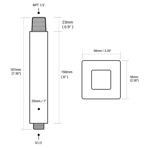Diagram of Stainless Steel Square Shower Arm With Flange Ceiling Mounted Extension Pipe Six Inch Length For Rainfall Shower Head Matte Finish