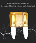Close-up of 5A ATM fuse from 2 Pack Mini Blade Fuse Holders Waterproof Inline Pigtail Harness For Cars, silver contacts with lightning background