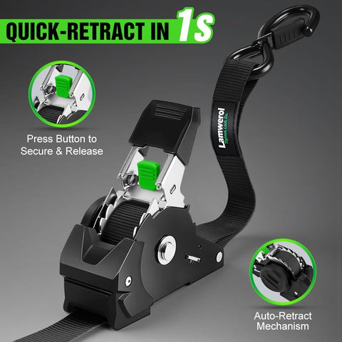 4 Pack Retractable Ratchet Straps 1 Inch x 10 Feet 1650 Pound Break Strength Heavy Duty Self Retracting Tie Down Straps For Motorcycle ATV UTV Truck And Cargo Trailer Black showing quick retract feature.