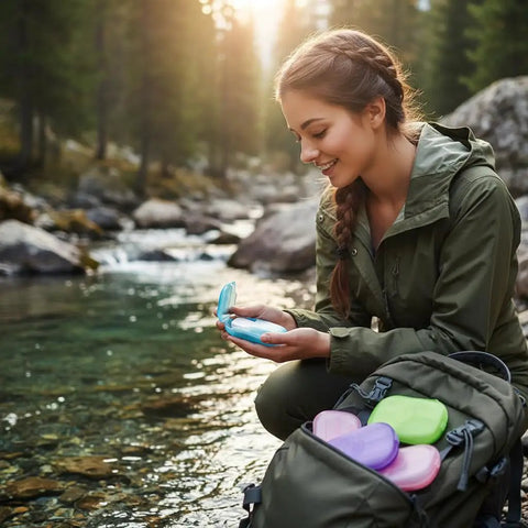 Woman outdoors using Grab and Go Disposable Soap Sheets Set, 5 Boxes of Fragrant Paper Soap for quick cleanups while camping by a stream.