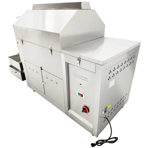 Top Shelf Pro Grade Gas Coffee Roaster 110 Lb Batch Capacity Stainless Steel Bean And Nut Machine side view with control panel