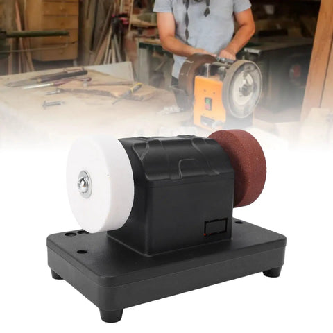 Depisuta Cordless Mini Bench Grinder With 2000 To 6000Rpm Variable Speed And Dual Grinding Wheels for sharpening edges in workshop.