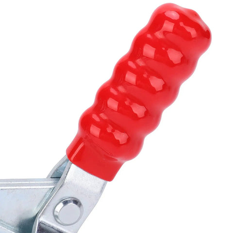 Naroote Vertical Toggle Clamp With Extra Long Arm For Quick Fixture Fastening And Workholding In Tricky Scenarios A Total Game Changer For Metal Working Pros Looking To Nail Those Tough Clamping Jobs Every Single Time Without Hassle, close-up of red rubberized handle.