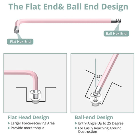 Pink 9-Piece Allen Key Set With Long Ball End Cr-V Wrenches showing flat and ball-end design for torque and angle entry.