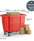 Heavy Duty 500 Pound Rolling Trash Can With 8 Cubic Foot Capacity, bold red cart with boxes and swivel casters.