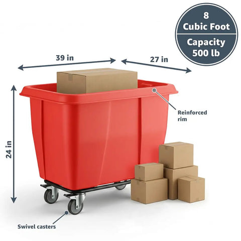 Heavy Duty 500 Pound Rolling Trash Can With 8 Cubic Foot Capacity, bold red cart with boxes and swivel casters.