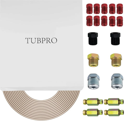 Tubpro 3/16 in copper-nickel brake line kit, 25 ft coil with 16 nuts and 4 unions, assorted fittings