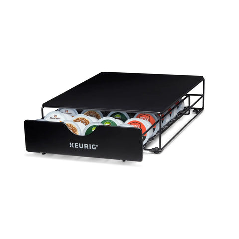 Slim Under-Counter Coffee Pod Drawer For 24 K-Cups, Non-Rolling Metal Storage Organizer in black with visible K-Cup pods