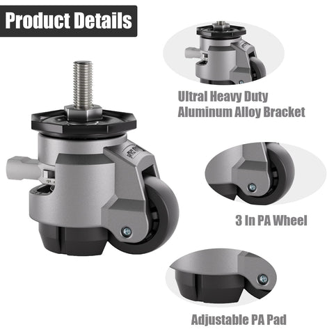 Heavy Duty Stem Leveling Casters Four Pack Beefy 4800 Lb Load Capacity 3 Inch Swivel Casters With Adjustable Leveling Feet And 12 mm Rise 360 Degree Rotation Retractable Industrial Casters For Workbenches Machines Equipment And Furniture