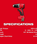 Compact 18 Volt Brushless Drill Driver Kit Built For Tight Squeeze Projects And Quick Fastening Operations Featuring Solid Cordless Power Delivering Serious Kickass Performance Daily on a red background showcasing specifications.