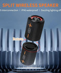 Split view of Two In One Portable Splittable Bluetooth Speaker Waterproof Bluetooth 5.3, 20W Loud Stereo Sound, black design.