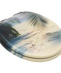 Heavy Duty Dual Pack Toilet Seats Featuring Soft Close Lid Solid MDF Build with beach design and chrome hinges.