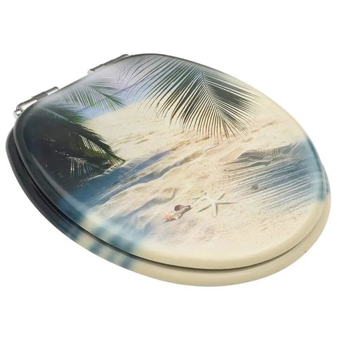 Heavy Duty Dual Pack Toilet Seats Featuring Soft Close Lid Solid MDF Build with beach design and chrome hinges.