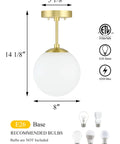 Semi Flush Mount Ceiling Light With Globe White Shade In Satin Brass Finish 1 Light Modern Fixture dimensions and features.