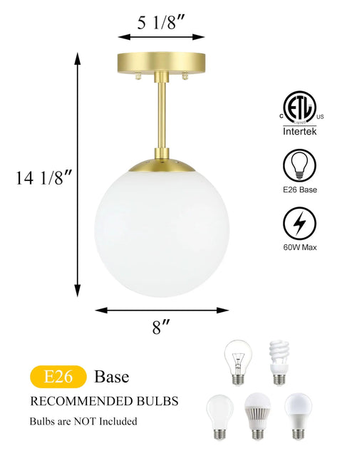 Semi Flush Mount Ceiling Light With Globe White Shade In Satin Brass Finish 1 Light Modern Fixture dimensions and features.