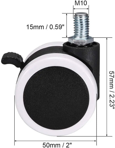 Heavy Duty Swivel Caster Wheels 2 Inch PU Twin Rollers with M10 X 15mm threaded stem and brake for smooth movement.